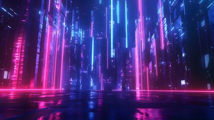 Wall Mural - Abstract, futuristic city of concrete and neon. Night city view, illumination. Dark street, abstract scene, neon rays. 3D illustration. 