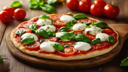 Canvas Print - A delicious pizza topped with fresh tomatoes, mozzarella, and basil on a wooden board.