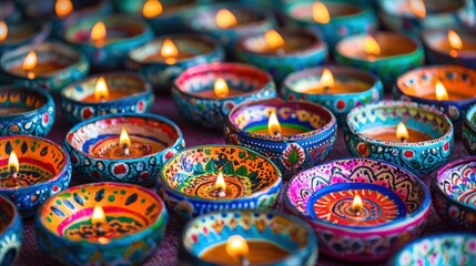 A close-up of intricately designed diyas, each painted with vibrant colors and patterns, ready to be lit for the celebration