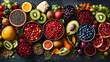 © maesarin - Abundant spread of colorful nutrient dense vegan health foods including fruits vegetables seeds and other antioxidant rich protein packed superfoods arranged in a vibrant