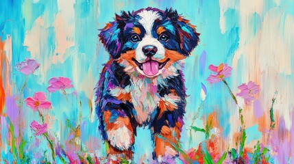 Canvas Print - A vibrant painting of a playful puppy surrounded by colorful flowers in a bright background.