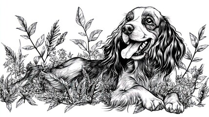 Sticker - A detailed illustration of a dog lounging among plants and flowers.