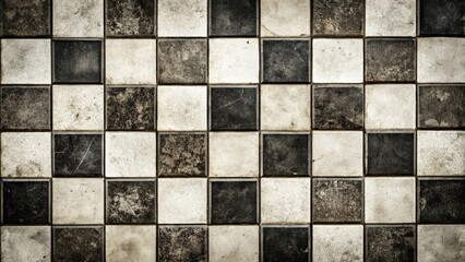 High angle view of vintage checkered tiles in black and white