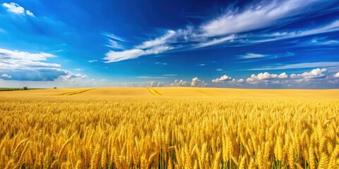 Wall Mural - Vibrant yellow wheat field with blue sky in summer, agriculture, farm, rural, crops, nature, golden, countryside, sunny, harvest