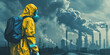 © GR - Person in a hazmat suit observing industrial smoke from factories, Environmental pollution scene with toxic fumes rising from chimneys