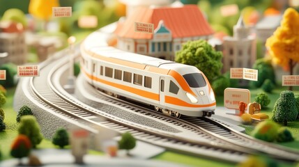 Canvas Print - A model train navigating through a colorful miniature town with various signs and buildings.