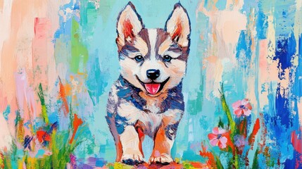 Canvas Print - A colorful painting of a happy puppy standing among flowers in a vibrant landscape.