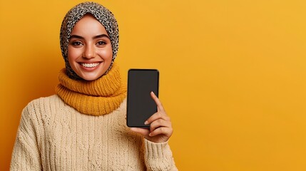 Portrait of a young Muslim woman in a cream sweater and hijab smiling while pointing at the blank screen of her mobile phone