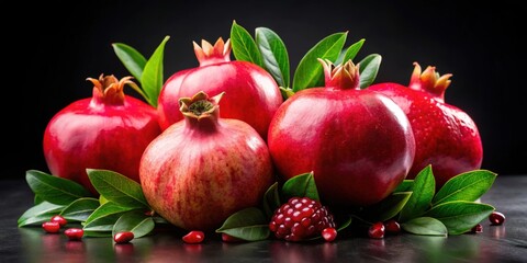 fresh juicy pomegranates with leaves isolated on black background , pomegranate, fruit, organic, jui