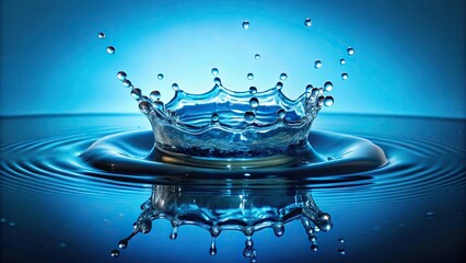 High angle water droplet splash in mini crown shape on bright blue background