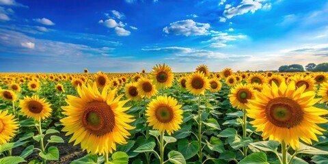 Vibrant sunflower field under clear blue sky, sunflowers, field, nature, yellow, summer, agriculture, farm, countryside, growth