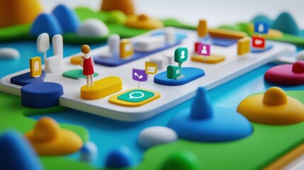 Sticker - A colorful, playful landscape featuring a miniature figure and app icons on a digital interface.