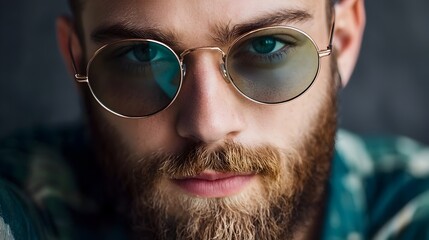 Closeup portrait of a pensive young male with a stylish beard and sunglasses lost in deep thought and gazing into the distance with a thoughtful serious expression