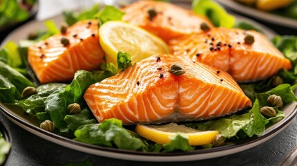 Wall Mural - Fresh salmon fillets served on a bed of lettuce with lemon slices.