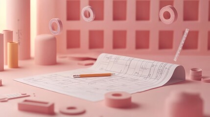 Sticker - A pink-themed workspace featuring architectural plans, tools, and geometric shapes.