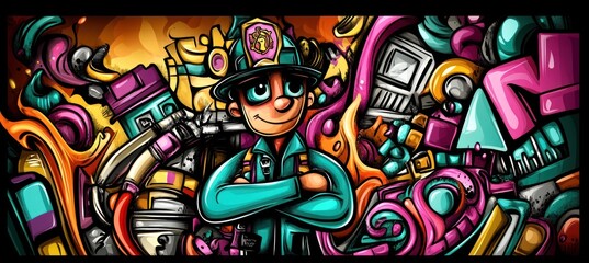 Wall Mural - A colorful character stands confidently amidst a vibrant, abstract background filled with shapes.