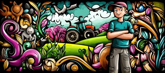 Poster - A vibrant illustration featuring a young person in a landscape with flora, fauna, and machinery.