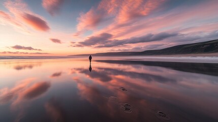 Wall Mural - A serene beach at sunset, with a lone figure walking on reflective wet sand.