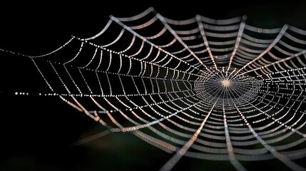 Close-up view of a delicate spider web glistening with morning dew, showcasing intricate patterns in soft natural light.