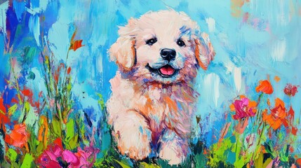 Poster - A cheerful puppy surrounded by colorful flowers in a vibrant landscape.