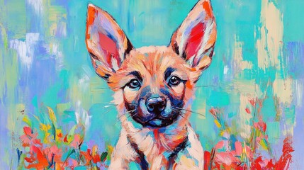 Poster - A vibrant painting of a puppy surrounded by colorful flowers.