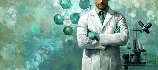 Poster - A scientist in a lab coat stands confidently in a laboratory setting, surrounded by equipment.