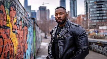 Canvas Print - A man in a leather jacket poses against a graffiti-covered wall in an urban setting.