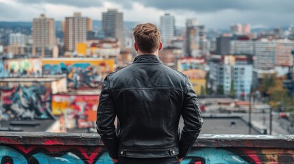 Canvas Print - A person in a leather jacket gazes over a vibrant urban landscape filled with graffiti.