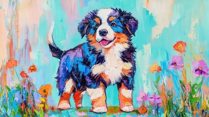 Canvas Print - A colorful painting of a playful puppy surrounded by vibrant flowers.