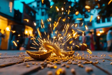 Firecrackers on Diwali night, filling the air with bright lights and the smell of gunpowder, as people gather to celebrate with joy and reverence