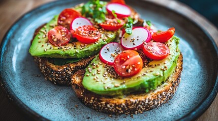 Poster - A vibrant avocado toast topped with cherry tomatoes and radishes on a rustic plate.