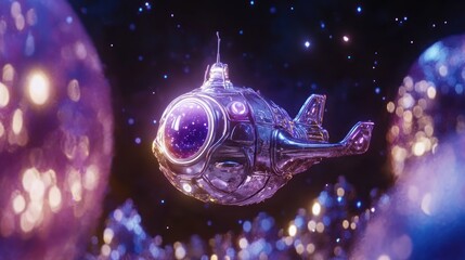 Wall Mural - a futuristic submarine exploring a vibrant, cosmic environment filled with colorful orbs.