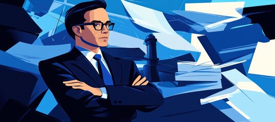 Wall Mural - A confident businessman stands amidst swirling papers, symbolizing focus and determination.