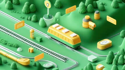 Canvas Print - A stylized 3D illustration of a train traveling through a green landscape with signage.