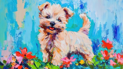 Wall Mural - A vibrant painting of a playful puppy surrounded by colorful flowers.