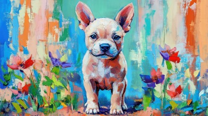 Sticker - A colorful painting of a French bulldog surrounded by vibrant flowers.