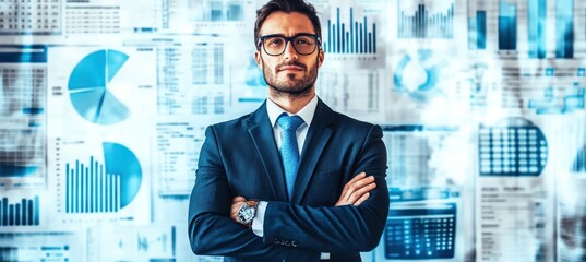 Poster - A confident businessman stands with arms crossed in front of data visualizations.