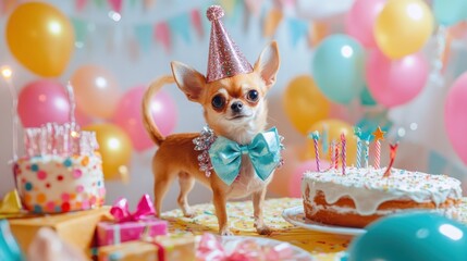 Wall Mural - A festive Chihuahua celebrates with a birthday party setup, complete with cake and decorations.