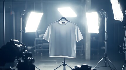 White T-shirt on a Hanger in a Studio with Lighting Equipment