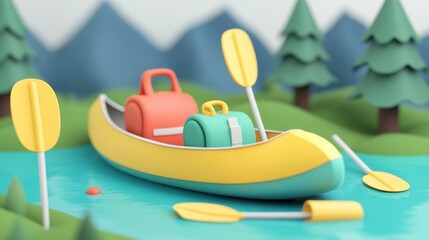 Canvas Print - A colorful canoe with backpacks and paddles on a serene water landscape.