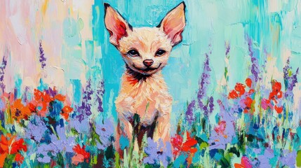 Sticker - A vibrant painting of a dog amidst colorful flowers in a bright, cheerful setting.