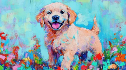 Sticker - A colorful painting of a happy golden puppy in a field of flowers.