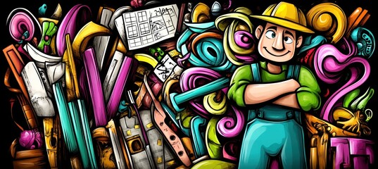 Wall Mural - A colorful illustration of a smiling worker surrounded by tools and creative elements.