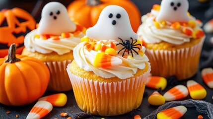 Sticker - Festive Halloween cupcakes decorated with ghosts, candy corn, and pumpkins for a seasonal celebration.