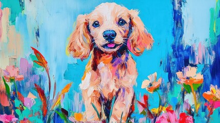 Poster - A colorful painting of a playful puppy surrounded by vibrant flowers against a blue background.