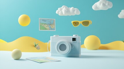 Sticker - A playful travel-themed scene featuring a camera, map, and sunglasses against a vibrant background.