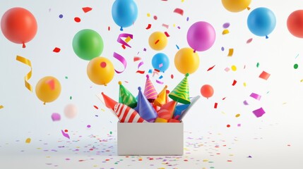 Poster - A festive scene with colorful balloons, party hats, and confetti emerging from a box.