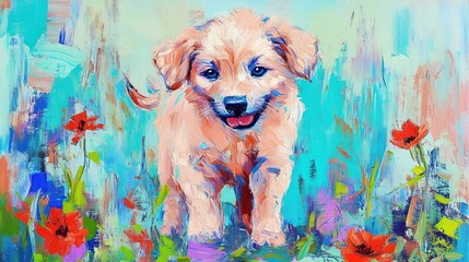 Sticker - A vibrant painting of a playful puppy surrounded by colorful flowers.