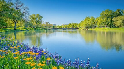 Poster - A serene lakeside scene with vibrant flowers and lush greenery under a clear blue sky.