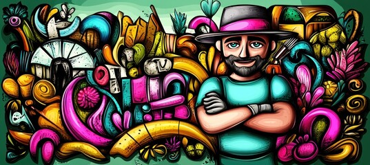 Poster - A colorful illustration featuring a smiling man surrounded by vibrant, abstract shapes and plants.